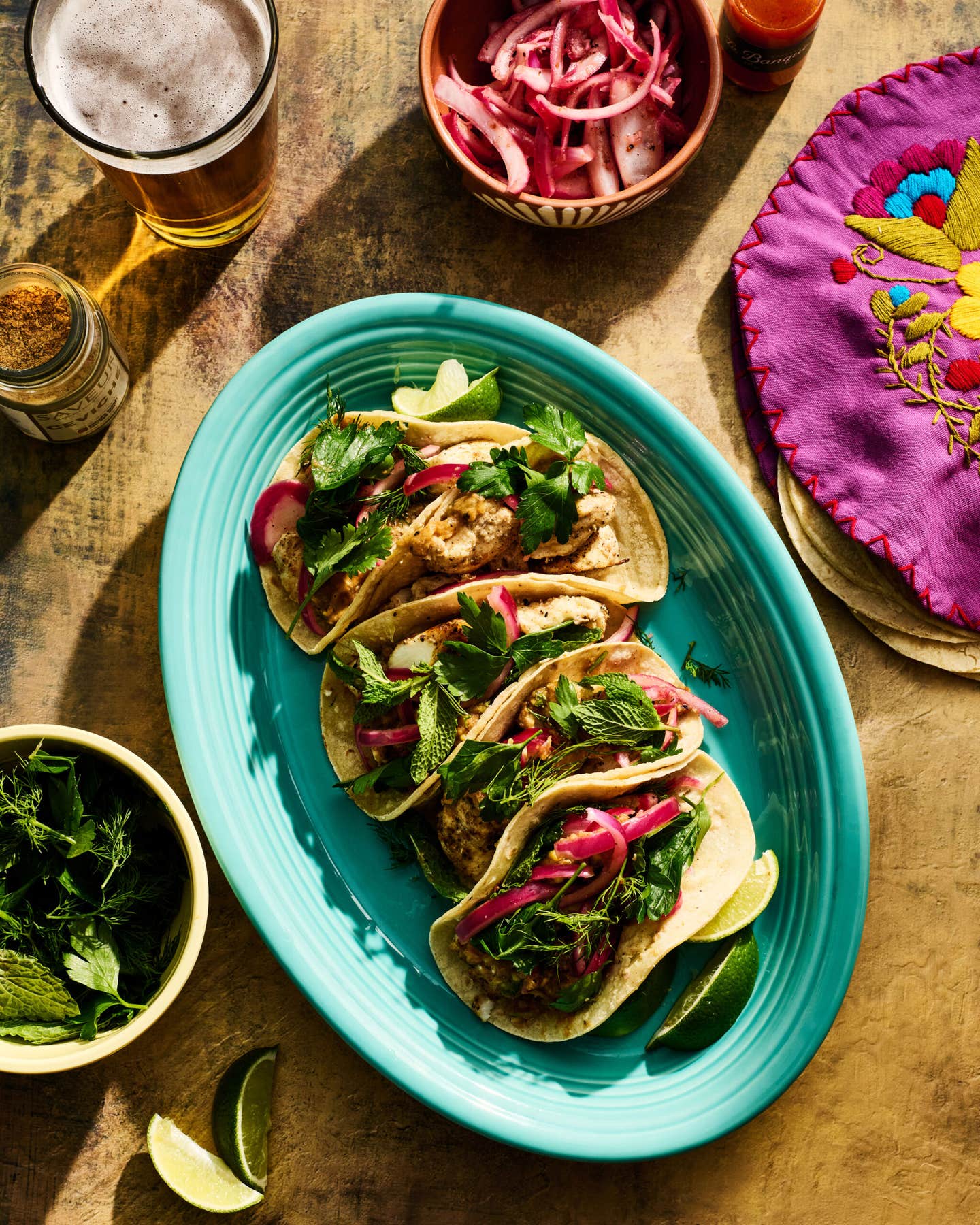 Fish Tacos With Herb Salad and Quick-Pickled Onions